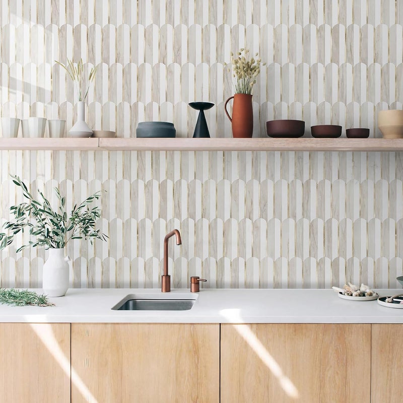 Vamos Tile Peel and Stick Backsplash Seamless Tile for Kitchen and Bathroom,1-Sheet White and Glossy Wooden Marble PVC Mixed Light Gold Self Adhesive Fish Scale Metal Mosaic Tiles - Image 5